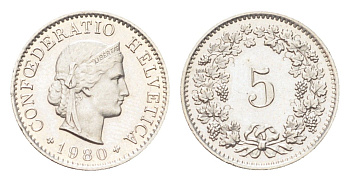 Швейцария 5 раппенов 1980 KM 26 медно-никель UNC 4705-1269