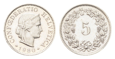 Швейцария 5 раппенов 1980 KM 26 медно-никель UNC 4705-1269