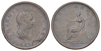Великобритания 1/2 пенни 1807 Георг III (1760-1820) KM 662, Spink 3781 медь 4707-834