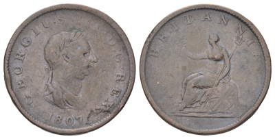 Великобритания 1/2 пенни 1807 Георг III (1760-1820) KM 662, Spink 3781 медь 4707-834