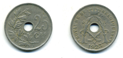 Бельгия 25 сантимов 1923 Belgique, Альберт I (1909-1934) KM 68.1 медно-никель 86-1635