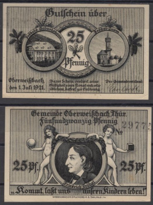 Обервайсбах 25 пфеннигов 1921 Grabowski 1003.1-2/5 бумага UNC (пресс) 8592-50-2-2