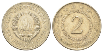 Югославия 2 динара 1980 KM 57 медь цинк никель 4703-1013