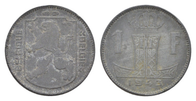 Бельгия 1 франк 1943 Belgie - Belgique, Леопольд III (1934-1947), германская оккупация, Вторая мировая война KM 127 цинк 4704-1042