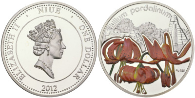Ниуэ 1 доллар 2012 серия цветы, лилия леопардовая (Lilies Pardalinum), цветная эмаль KM NEW серебро PROOF 1080-3-53