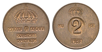 Швеция 2 эре 1958 TS, Густав VI Адольф (1950-1973) KM 821 бронза 27-223