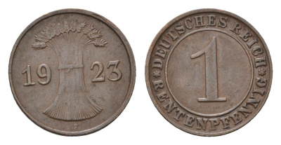 Германия 1 рентенпфенниг 1923 F KM 30, J. 306 бронза 46-2445