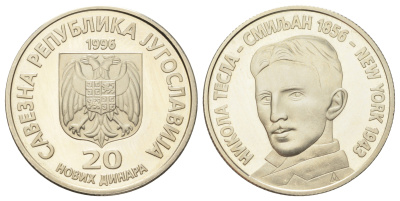 Югославия 20 новых динаров 1996 140 лет со дня рождения Николы Тесла KM 169 медь цинк никель PROOF 4127-1914