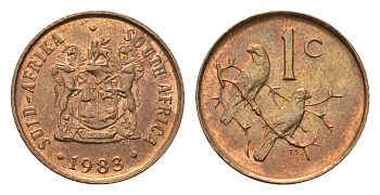 ЮАР 1 цент 1983 герб, капские воробьи KM 82 бронза UNC 4690-1231