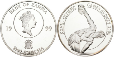 Замбия 1000 квача 1999 Олимпийские игры 2000 года в Сиднее, дискобол KM 109 серебро PROOF 01-076-13