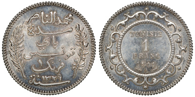 Тунис 1 франк 1911 французский протекторат KM 238 серебро  UNC  11-181-11