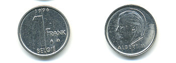 БЕЛЬГИЯ 1 ФРАНК 1996 BELGIE KM 188 железо плакированное никелем 86-1343