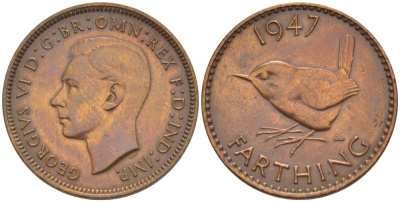 Великобритания 1 фартинг 1947 Георг VI (1936-1952) KM 843, Spink 4116 бронза 4543-1116