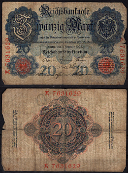 Германия 20 марок 1908 Pick 31 бумага 6293-28-3-1