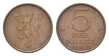 Норвегия 5 эре 1975 Улаф V (1957-1991) KM 415 бронза 4702-266