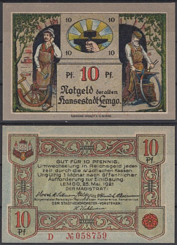 Лемго 10 пфеннигов 1921 Grabowski 789.3a-1/3 бумага UNC (пресс) 8601-10-1-2