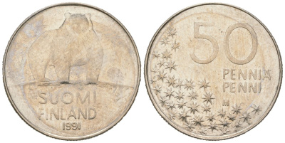 Финляндия 50 пенни 1991 M, полярный медведь KM 66 медно-никель 96-717