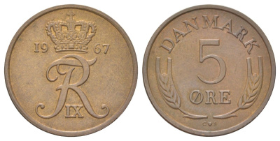 Дания 5 эре 1967 С. S, Фредерик IX (1947-1972) KM 848.1 бронза 4628-936