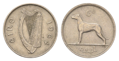 Ирландия 6 пенсов 1964 собака, ирландский волкодав KM 13a медно-никель 4687-941