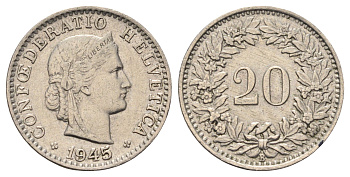 Швейцария 20 раппенов 1945 KM 29a медно-никель 4682-923