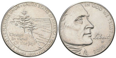 США 5 центов 2005 D, 200 лет экспедиции Льюиса и Кларка - Выход к океану KM 369 медно-никель UNC 192-1054