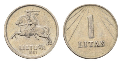Литва 1 лит 1991 год-тип KM 91 медно-никель 26-1646