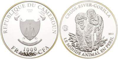 Камерун 1000 франков 2012 РЕЧНАЯ ГОРИЛЛА KM NEW серебро PROOF 01-151-31