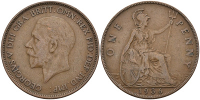 Великобритания 1 пенни 1936 Георг V (1910-1936) KM 838, Spink 4055 бронза 3333-1122