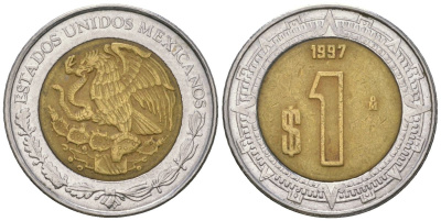 Мексика 1 песо 1997 Mo KM 603 биметалл 4591-132