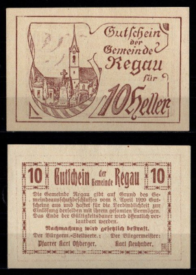 Австрия, Регау 10 геллеров 1920 Jaksc/Pick JPR0825-10 бумага UNC (пресс) 2193-39-1-2