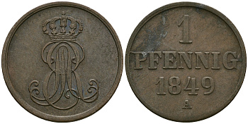 Ганновер 1 пфенниг 1849 A, Эрнст Август (1837-1851) KM 201.2, AKS 130, J. 74 медь 4608-1052
