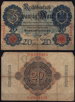 Германия 20 марок 1908 Pick 31 бумага 6293-31-1-1