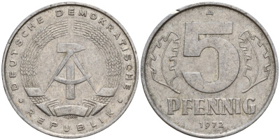 ГДР 5 пфеннигов 1972 A KM 9.1 алюминий 211-1261