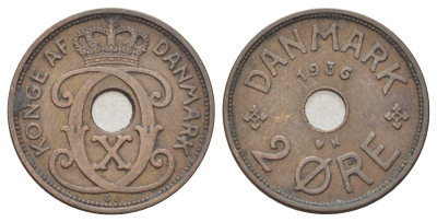 Дания 2 эре 1936 N, Кристиан X (1912-1947) KM 827 бронза 4701-829