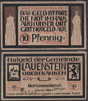 Лауэнштайн 10 пфеннигов 1921 Grabowski 775.1-1/2 бумага UNC (пресс) 8602-46-1-1