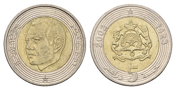 Марокко 5 дирхамов 2002 AH 1423, год-тип Y 109 биметалл 4703-746