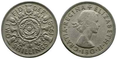 Великобритания 2 шиллинга (флорин) 1958 Елизавета II (1952-2022) KM 906, Spink 4146 медно-никель 4382-141