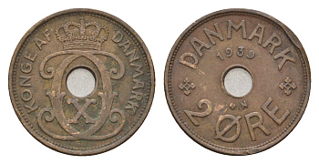 Дания 2 эре 1939 N, Кристиан X (1912-1947) KM 827 бронза 4701-915