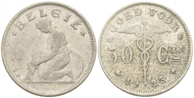 БЕЛЬГИЯ 50 САНТИМОВ 1923 BELGIE KM 88 никель 261-1141