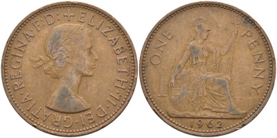 Великобритания 1 пенни 1962 Елизавета II (1952-2022) KM 897, Spink 4157 бронза 4574-212