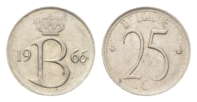 Бельгия 25 сантимов 1966 Belgique, Бодуэн I (1951-1993) KM 153 медно-никель 4705-327