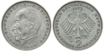 ФРГ 2 марки 1973 D, Конрад Аденауэр KM 124, J. 406 медно-никель плакированный никелем UNC 4681-1046
