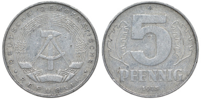 ГДР 5 пфеннигов 1975 A KM 9.1 алюминий 62-253