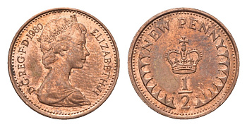 Великобритания 1/2 пенни 1980 Елизавета II (1952-2022) KM 914, Spink 4239 бронза UNC 4696-742
