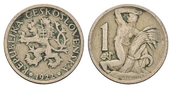 Чехословакия 1 крона 1922 женщина со снопом и серпом KM 4 медно-никель 4703-833