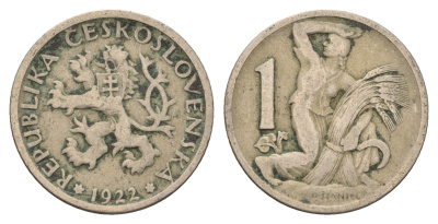 Чехословакия 1 крона 1922 женщина со снопом и серпом KM 4 медно-никель 4703-833