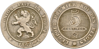 Бельгия 5 сантимов 1862 Belges KM 21 медно-никель    4598-751