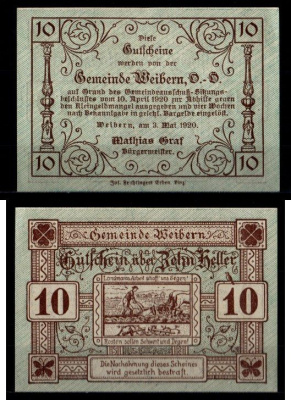 Австрия, Вайберн 10 геллеров 1920 Jaksc/Pick JPR1146b-10 бумага UNC (пресс) 2193-7-4-1