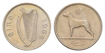 Ирландия 6 пенсов 1966 собака, ирландский волкодав KM 13a медно-никель aUNC 4690-339