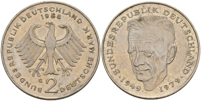 ФРГ 2 марки 1988 G, Курт Шумахер KM 149, J. 424 медно-никель 4159-1247